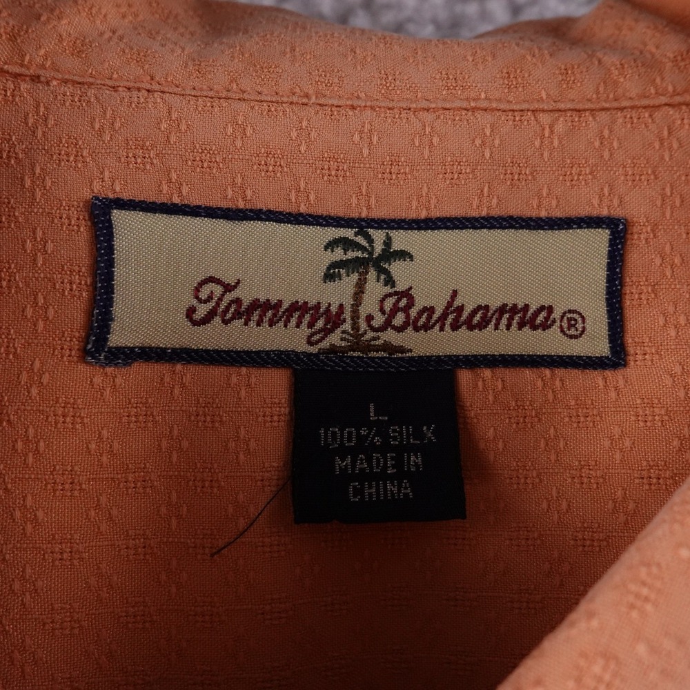Tommy Bahama Mens  L Silk Camp Shirt Peach Textured Short Sleeve embroidered - Picture 4 of 7